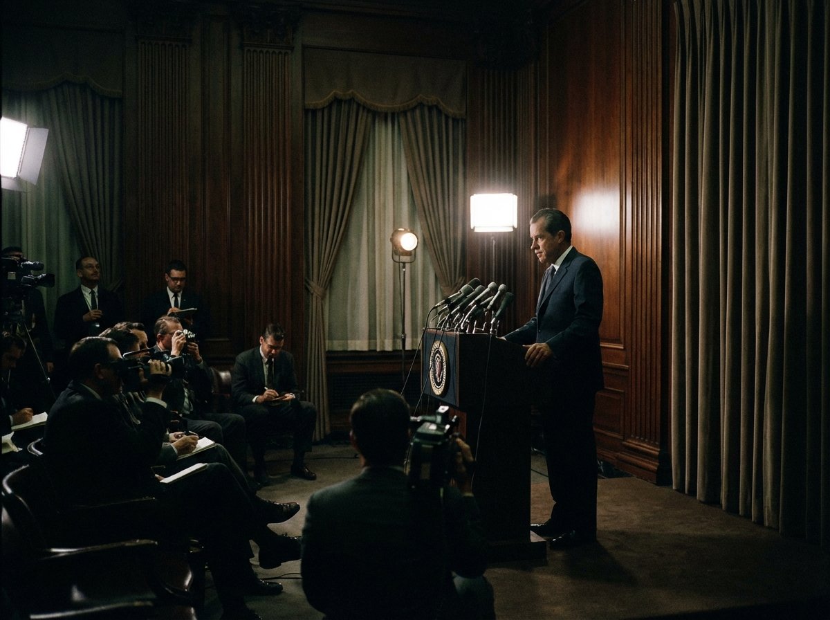 A professional press conference room with dark wood panels and microphones, suggesting a formal government statement by a spokesperson, cinematic lighting, realistic style, 4:3, no text
