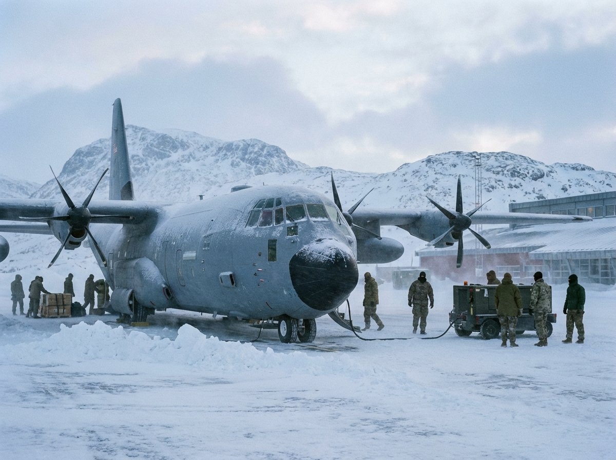 A military transport aircraft C-130J Super Hercules parked at a snowy Arctic airport in Nuuk, Greenland, with military personnel nearby, cold atmosphere, realistic photography, 4:3, no text