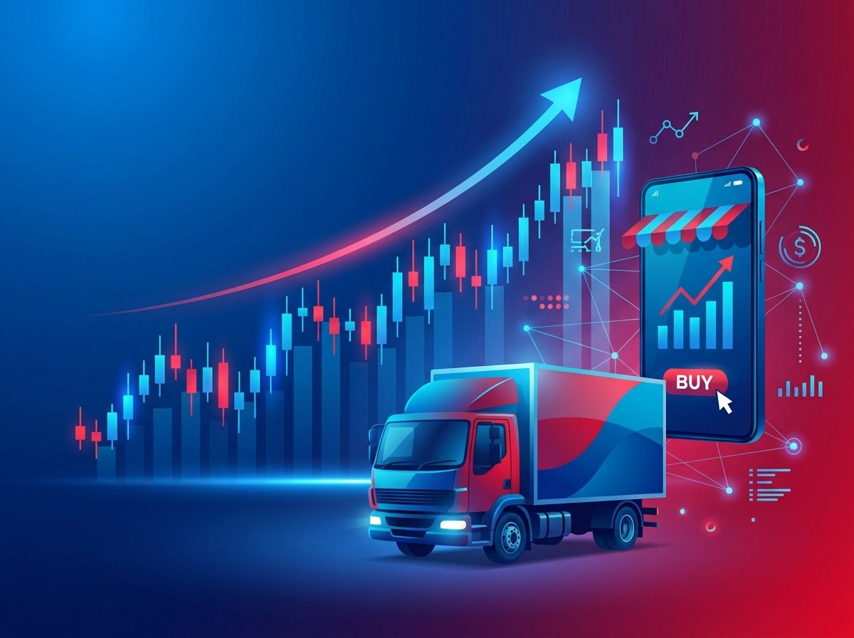 A professional digital infographic showing a rising stock market chart with a modern delivery truck and a smartphone shopping app icon in the foreground, vibrant blue and red color scheme, 4:3 aspect ratio, no text.