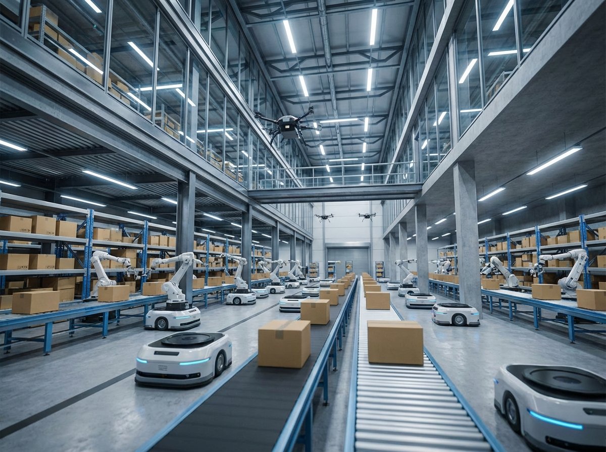 A high-tech modern logistics warehouse with automated robots moving boxes, bright lighting, dynamic perspective, professional photography style, 4:3 aspect ratio, no text.