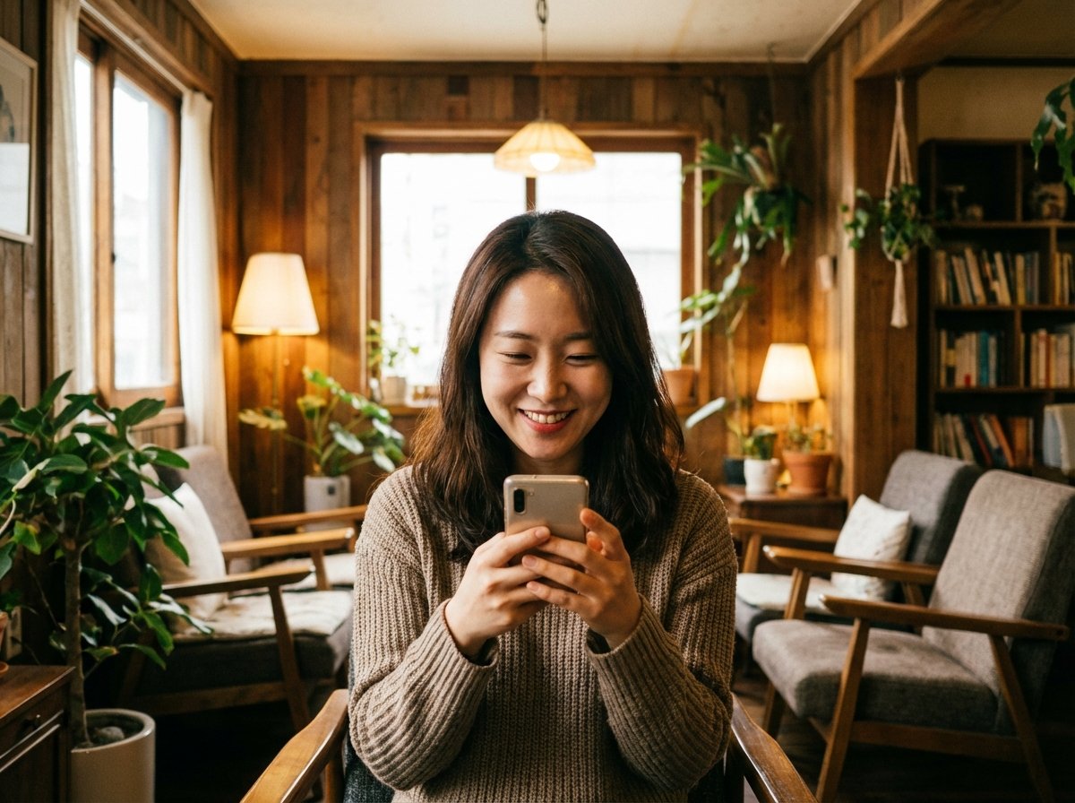 A Korean woman using a smartphone in a cozy cafe, smiling naturally, soft warm lighting, lifestyle photography, high quality, 4:3 aspect ratio, no text.