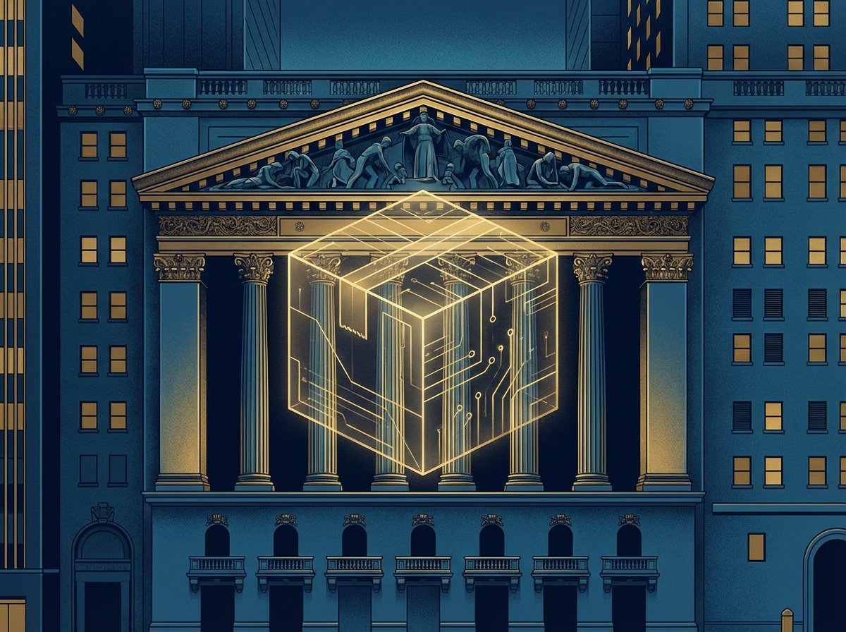 An artistic illustration of the New York Stock Exchange building with a subtle overlay of a modern delivery box, professional corporate style, deep blue and gold colors, 4:3 aspect ratio, no text.