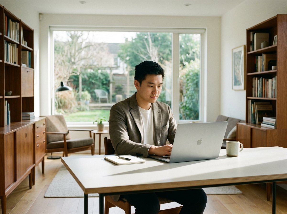 A young Asian male entrepreneur working on a high-end laptop in a modern, sunlit home office. Minimalist desk setup, professional atmosphere, high quality photography, no text, aspect ratio 4:3.