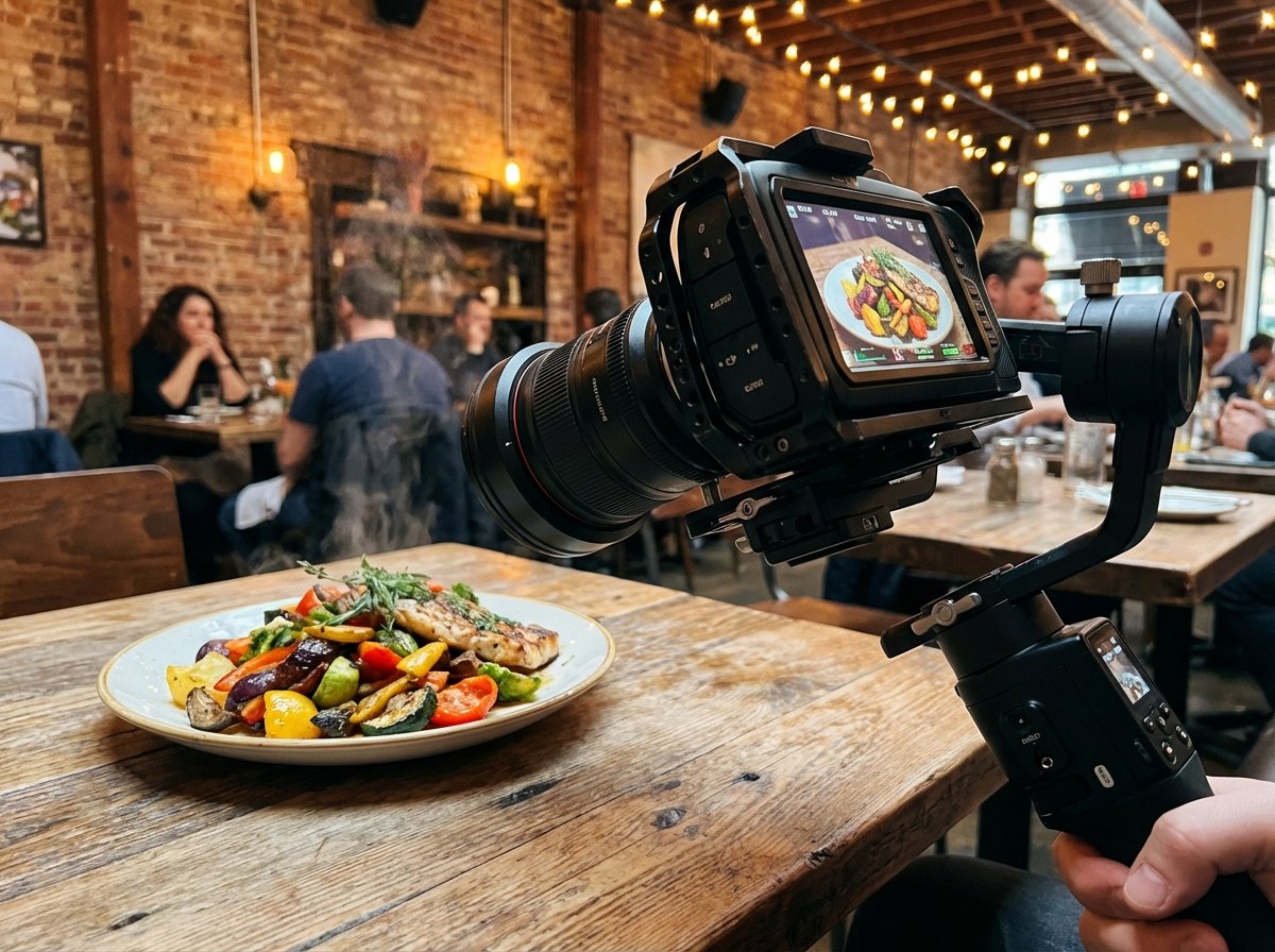 Close-up of a professional camera on a gimbal filming delicious food in a trendy urban restaurant, cinematic lighting, vibrant colors, realistic lifestyle photography, no text, aspect ratio 4:3.
