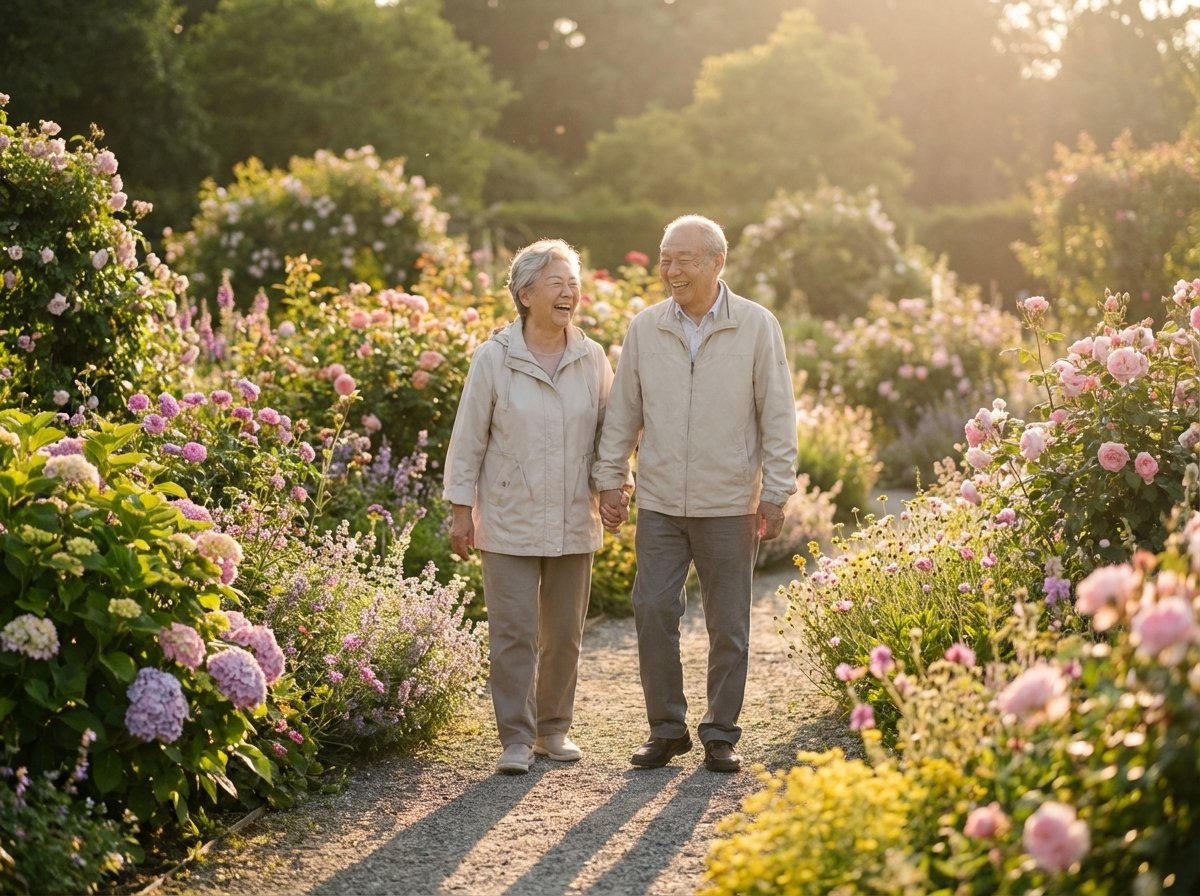 A happy elderly Asian couple walking and smiling in a beautiful flower garden, warm golden hour sunlight, peaceful and joyful atmosphere, realistic style, no text, aspect ratio 4:3.
