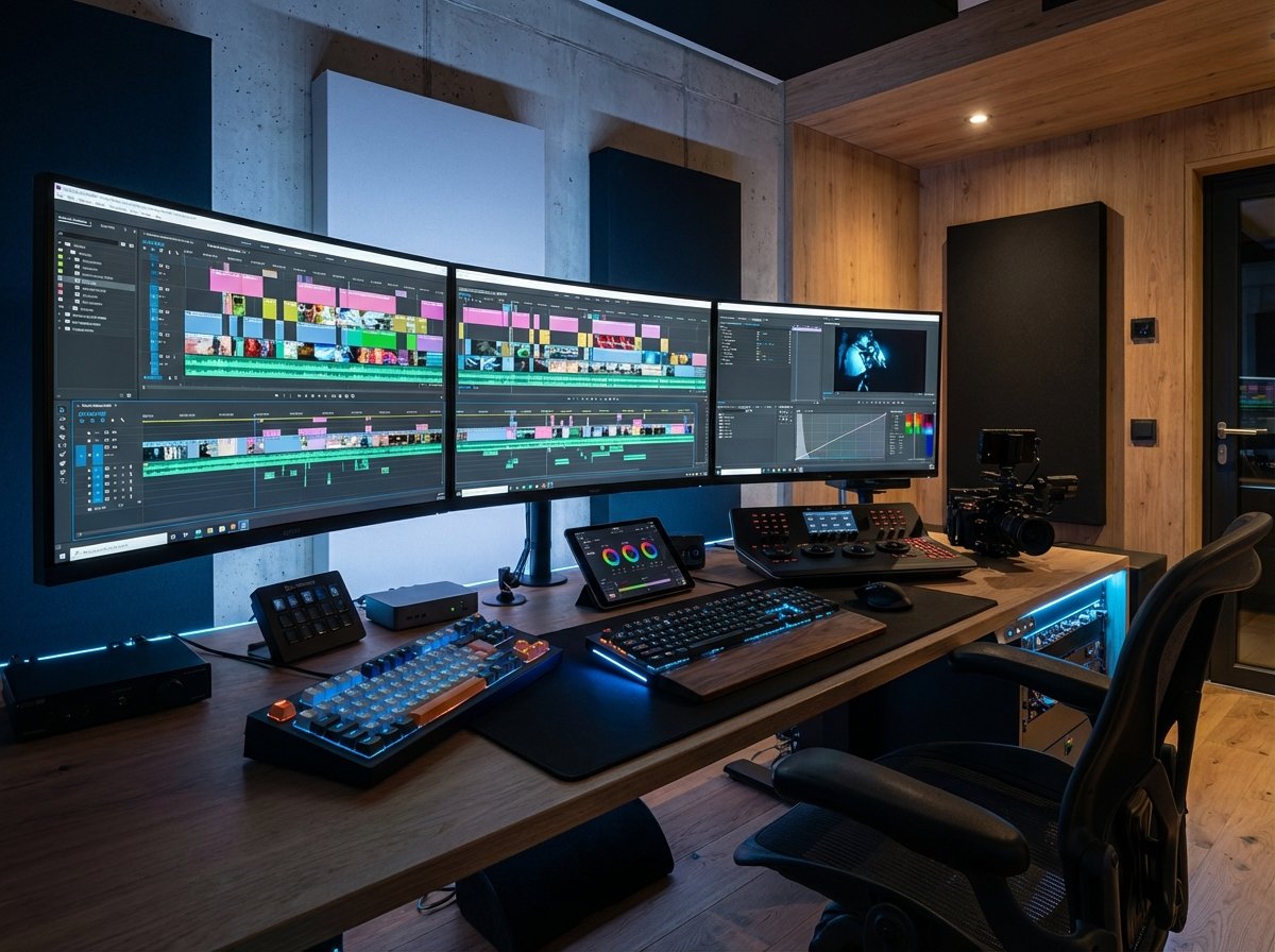 High-tech video editing suite with multiple large monitors displaying colorful timeline software, glowing keyboard, professional creative workspace, modern design, aspect ratio 4:3.