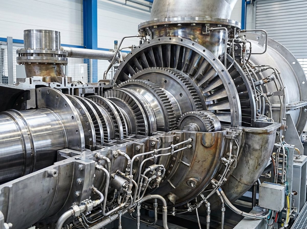 Close-up of a massive industrial gas turbine and power generation machinery, intricate mechanical details, metallic textures, bright studio lighting, 4:3, no text