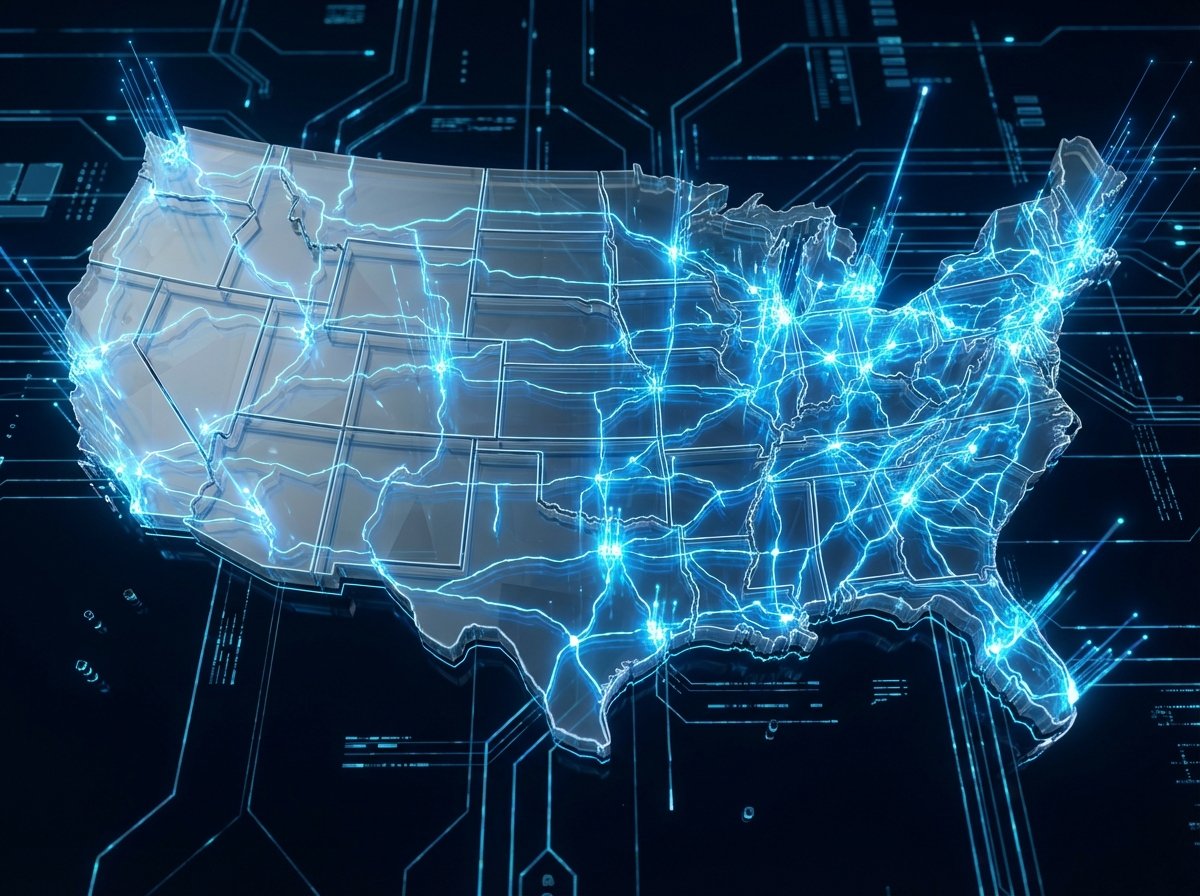 Abstract representation of a digital energy grid with glowing blue circuits across a map of the United States, 3D render, high tech aesthetic, 4:3, no text
