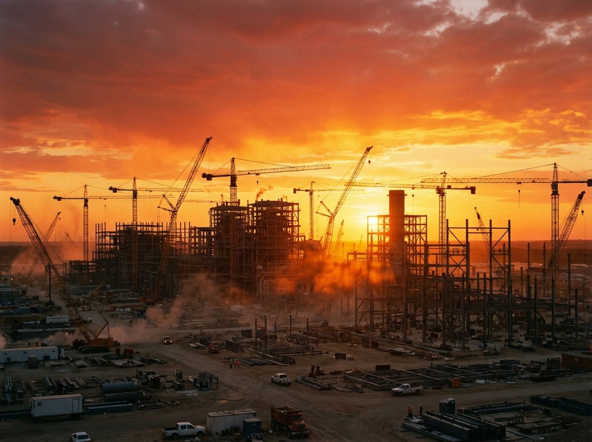Large scale power plant under construction during a golden sunset, silhouettes of cranes and steel structures, realistic architectural photography, 4:3, no text
