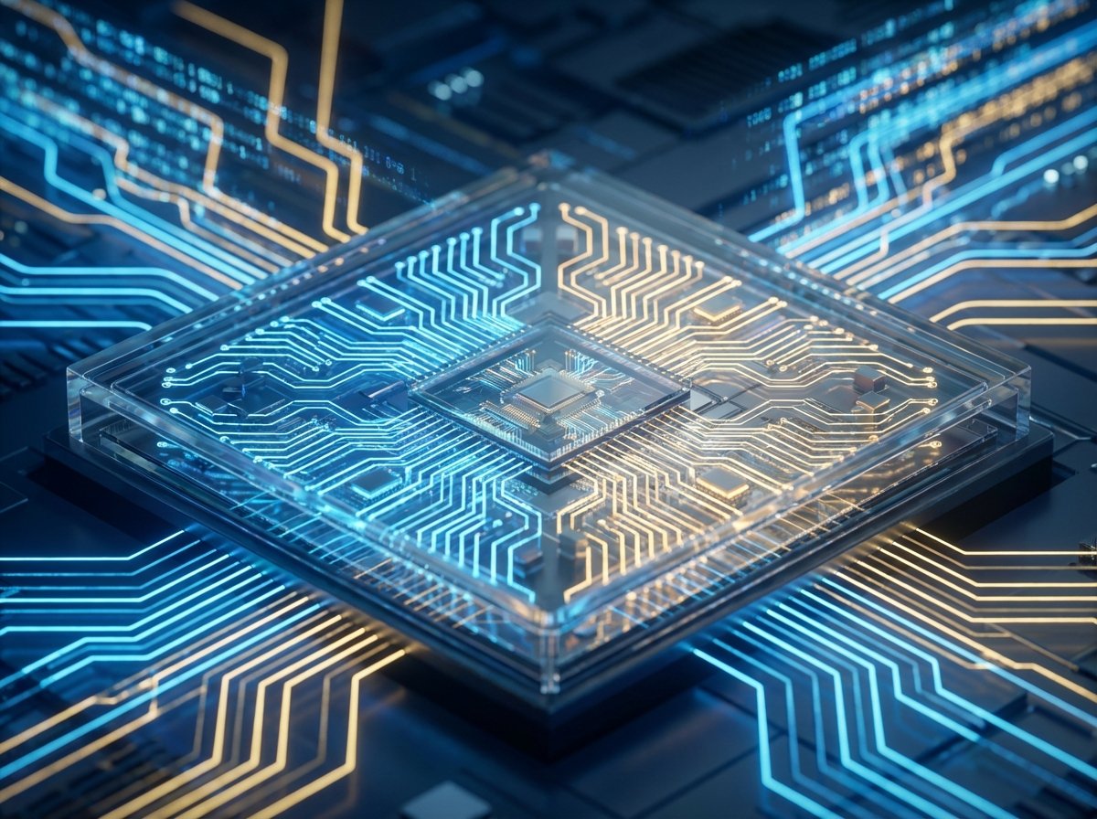 Close-up of a high-tech semiconductor chip with glowing blue and gold circuits, digital data streams flowing in the background, professional corporate technology aesthetic, 4:3 aspect ratio, no text