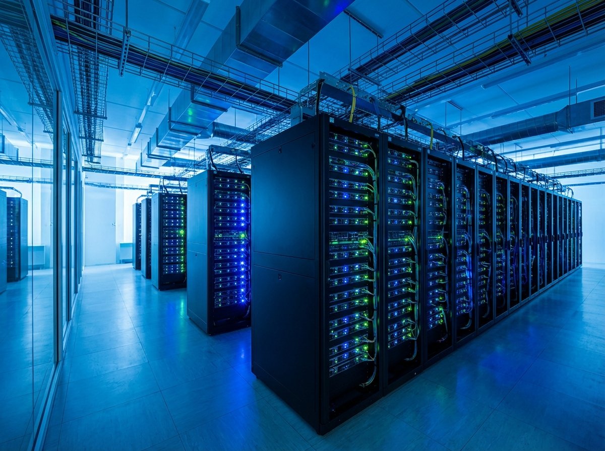 Inside a modern high-speed data center with rows of server racks, glowing LED indicators, cool blue lighting, wide angle perspective, professional photography, 4:3 aspect ratio, no text