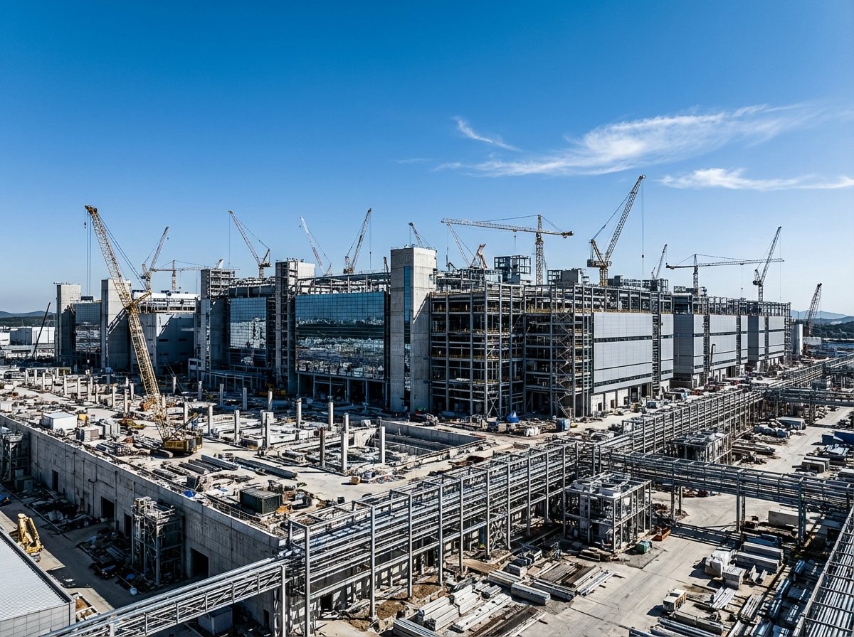 Digital rendering of a massive modern semiconductor fabrication plant under construction, cranes and industrial architecture, clear sky background, high contrast, 4:3 aspect ratio, no text