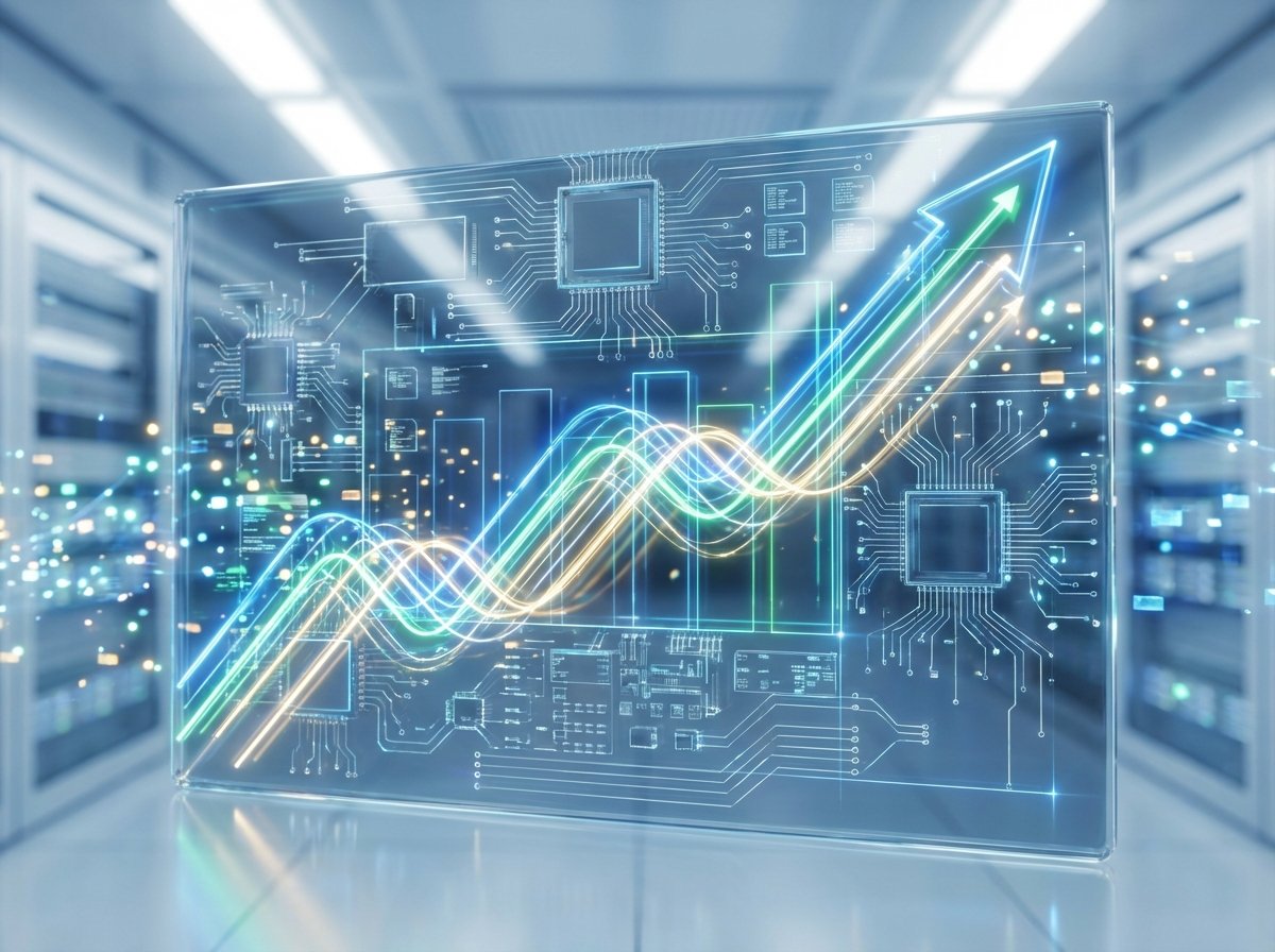 Abstract representation of a rising stock market graph integrated with digital circuits, bright and optimistic colors, high-tech financial aesthetic, 4:3 aspect ratio, no text