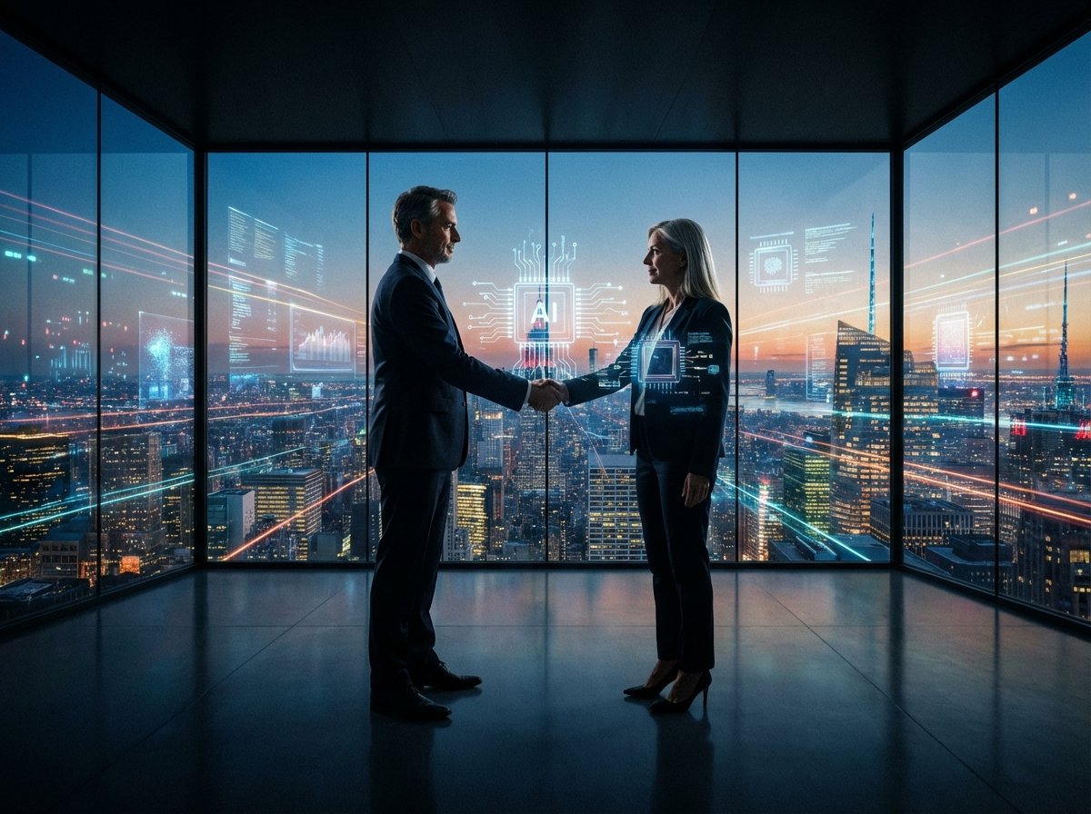 Two tech CEOs shaking hands in a modern glass conference room overlooking a digital city, holographic AI chip architectures floating between them, high contrast, professional photography style, 4:3 aspect ratio, no text.