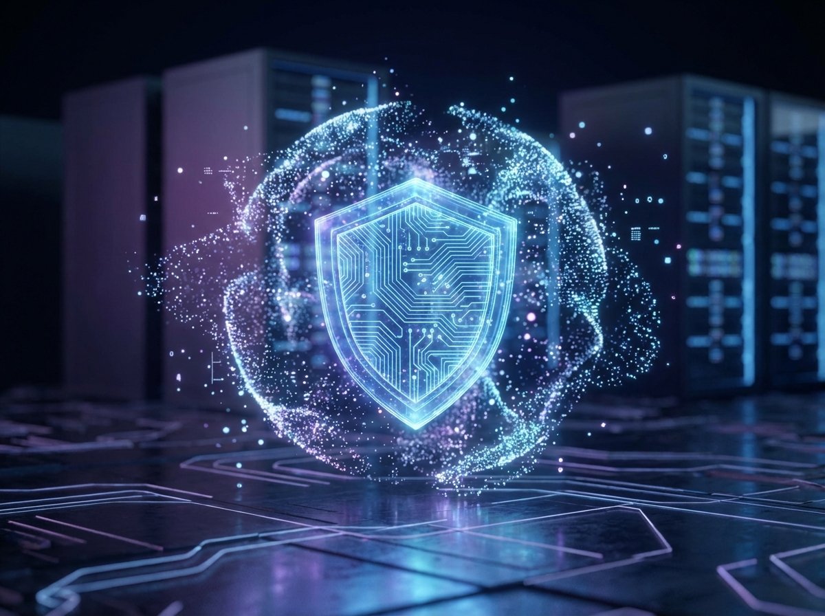 A conceptual 3D illustration of a digital shield icon protecting a cloud of data particles, soft glowing blue lights, professional cybersecurity theme, 4:3 ratio, no text