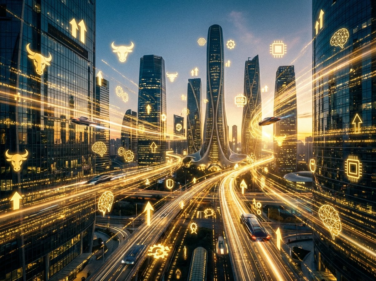 A futuristic cityscape with digital data streams and glowing golden icons representing financial growth and AI technology, wide angle view, cinematic lighting, 4:3 ratio, no text