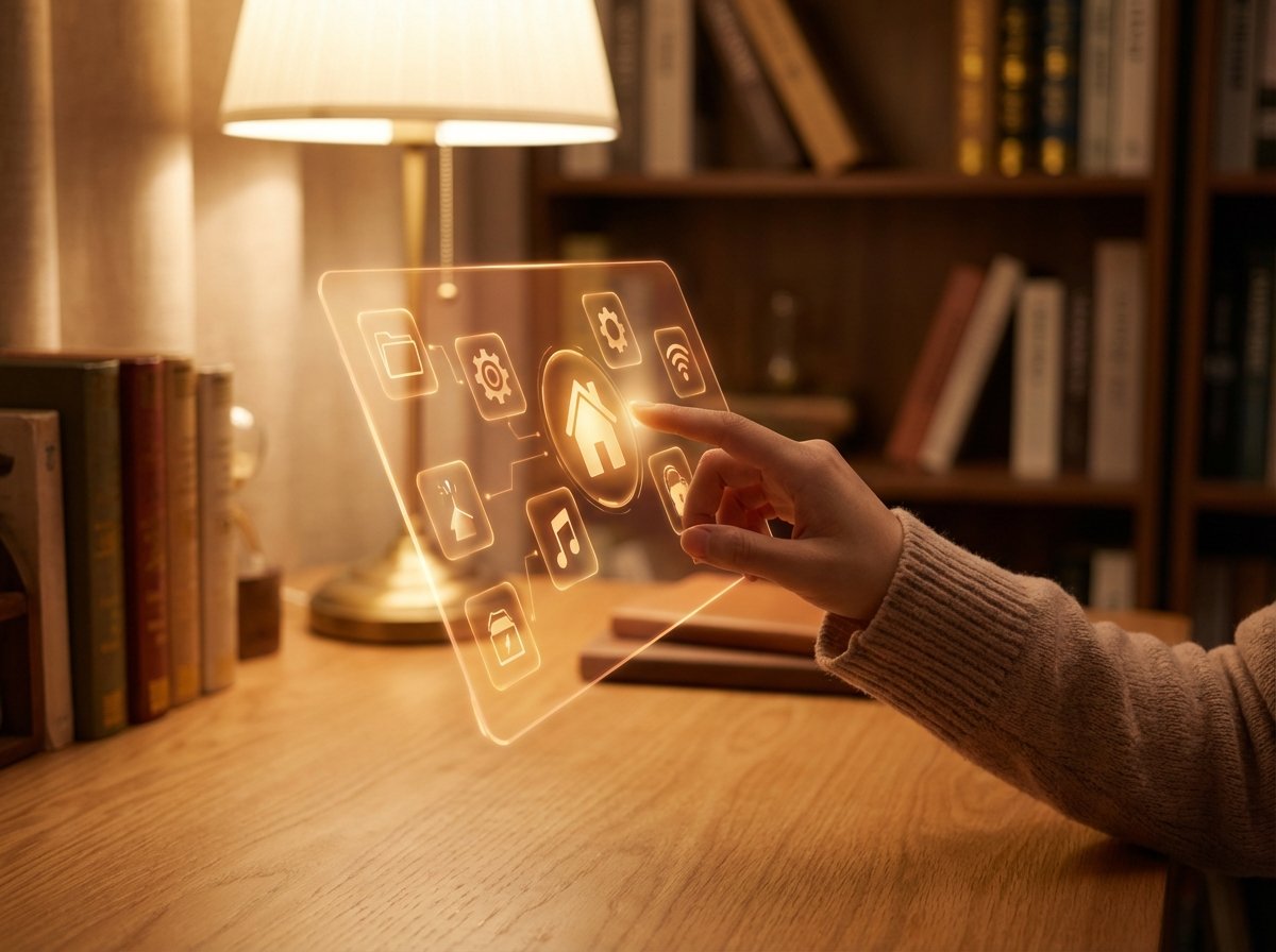 A human hand interacting with a glowing holographic interface showing various digital icons, warm and inviting atmosphere, high-tech fusion, 4:3 ratio, no text