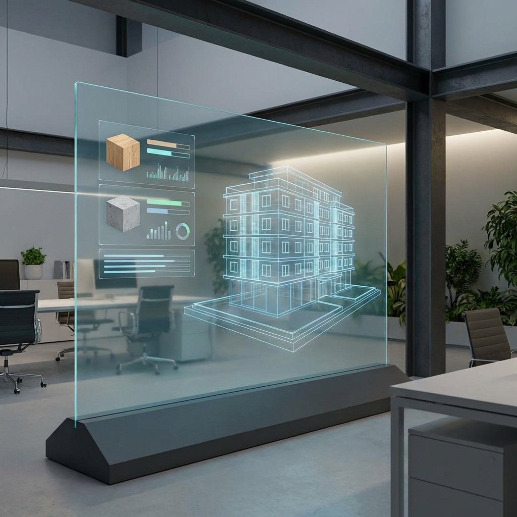 A modern office setting showing a high tech transparent screen analyzing a 3D architectural blueprint. Digital icons representing wood and concrete appearing as part of an automated list. Professional and clean infographic style 1:1 aspect ratio no text.