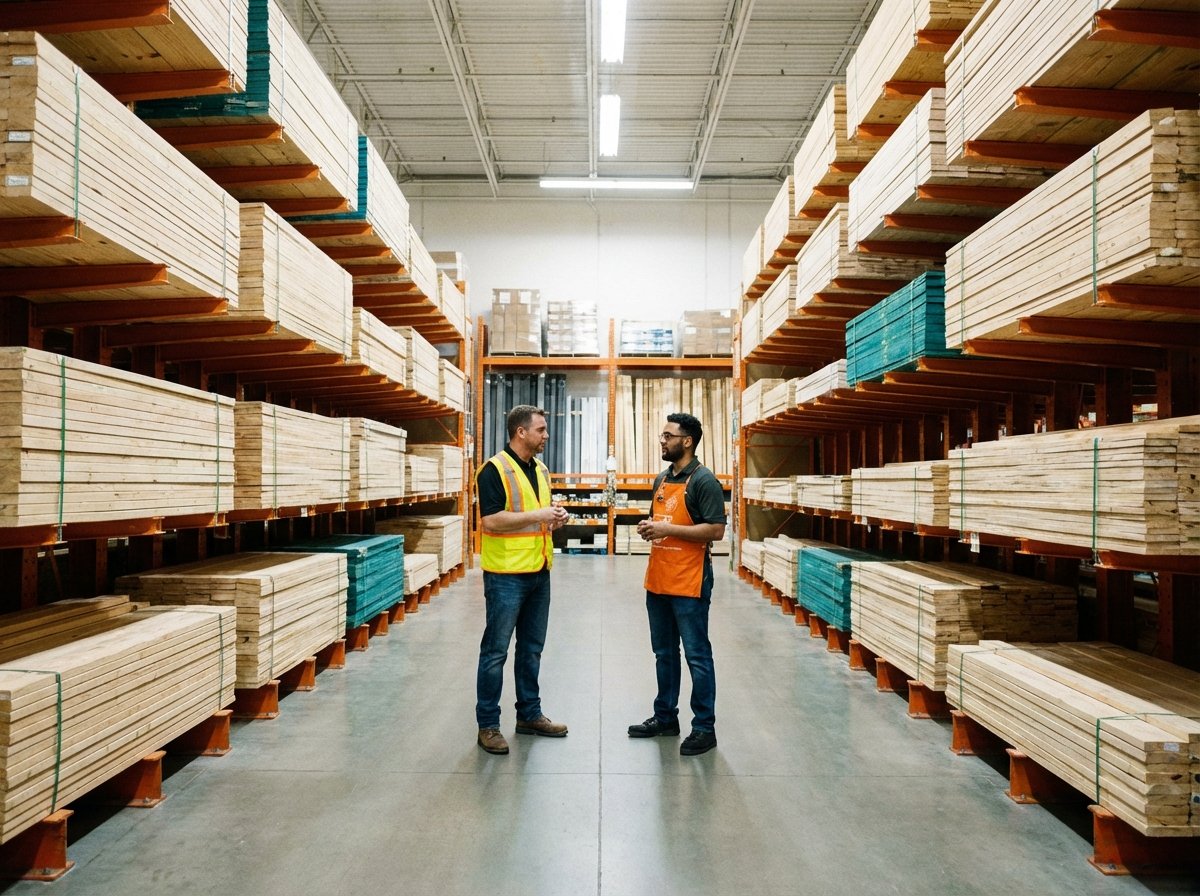 A wide view of a clean and organized Home Depot warehouse aisle with stacks of lumber and building materials. A professional contractor in a safety vest talking to a staff member. Bright industrial lighting 4:3 aspect ratio no visible text.