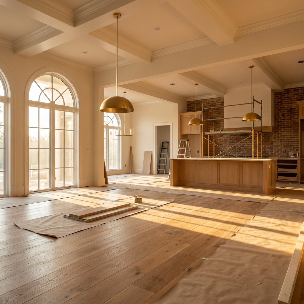 A beautiful interior of a house under renovation with high end wooden floors and stylish lighting fixtures. Natural warm sunlight coming through large windows. Luxury lifestyle photography 1:1 aspect ratio no visible text.