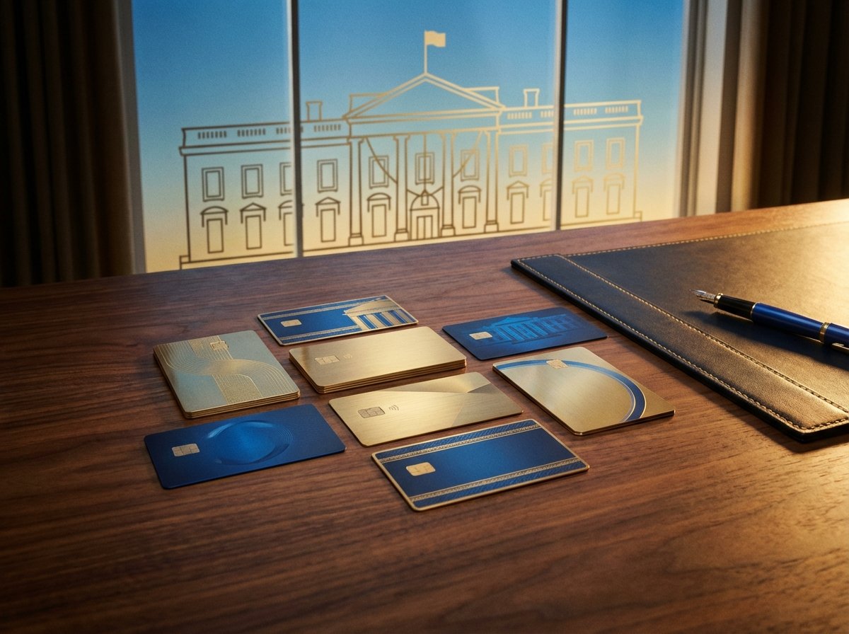 A professional and clean image showing various credit cards arranged on a polished wooden desk with a subtle, stylized outline of the White House in the background. Gold and blue accents, cinematic lighting, 4:3 aspect ratio, no text.