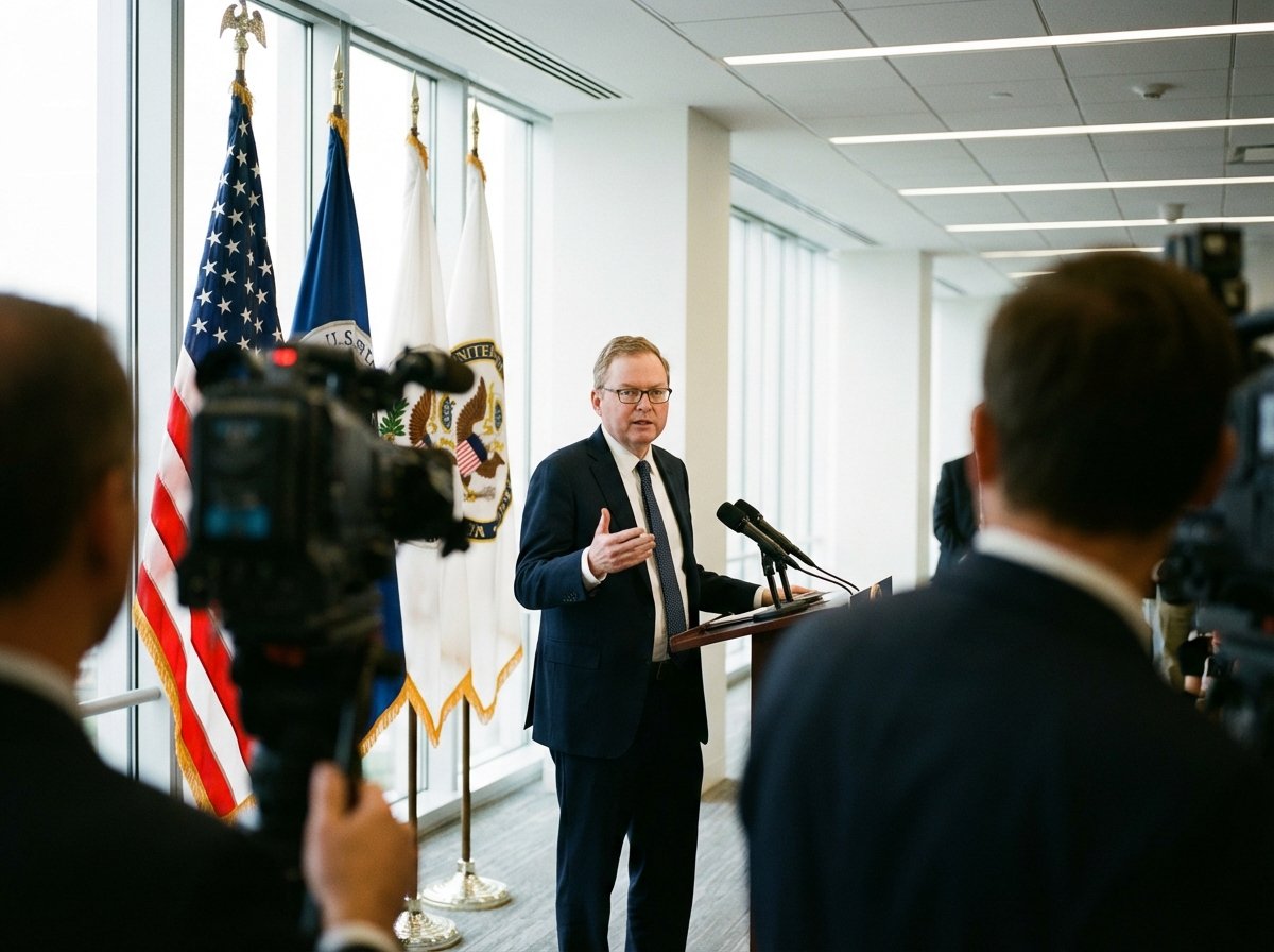 A realistic photograph of Kevin Hassett speaking at a press briefing. Modern office interior with flags, professional attire, soft natural lighting, high quality, 4:3 aspect ratio, no text.