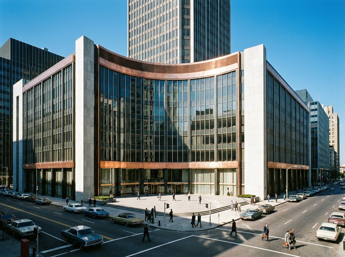 A grand and modern bank building architecture in a metropolitan city, clear blue sky, high contrast, clean and professional look, 4:3 aspect ratio, no text.