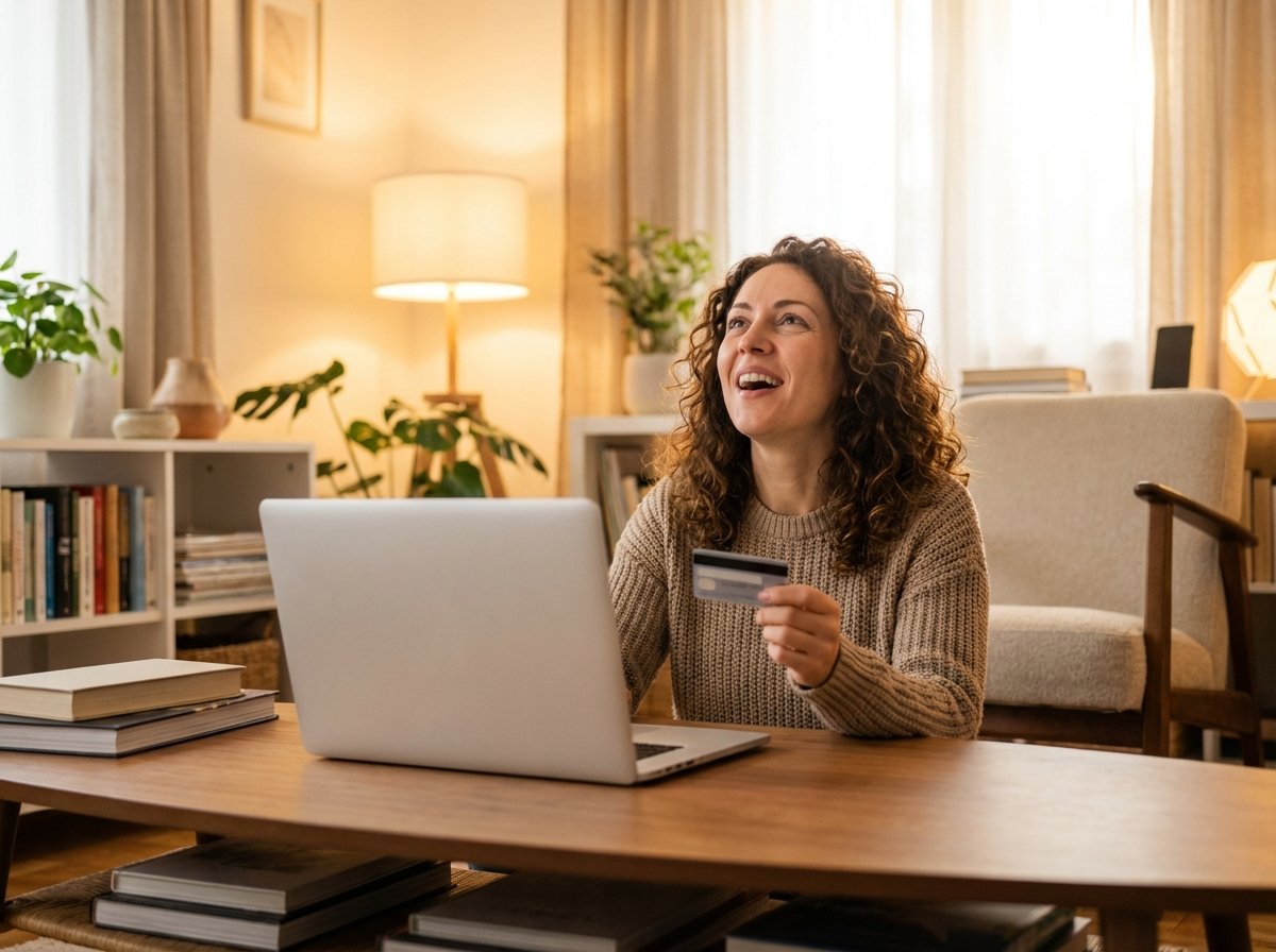 A lifestyle photograph of a person in their late 30s looking at a credit card and a laptop screen with a relieved and happy expression. Warm living room lighting, natural atmosphere, 4:3 aspect ratio, no text.