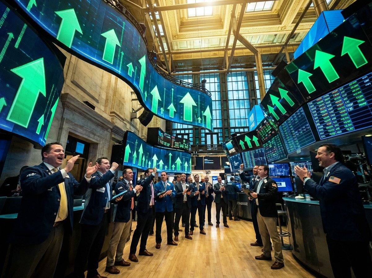 A vibrant and modern representation of the New York Stock Exchange floor with digital screens showing green upward arrows and stock tickers. The atmosphere is energetic, symbolizing market rotation and investor optimism. No text, high contrast, cinematic lighting, 4:3 aspect ratio.