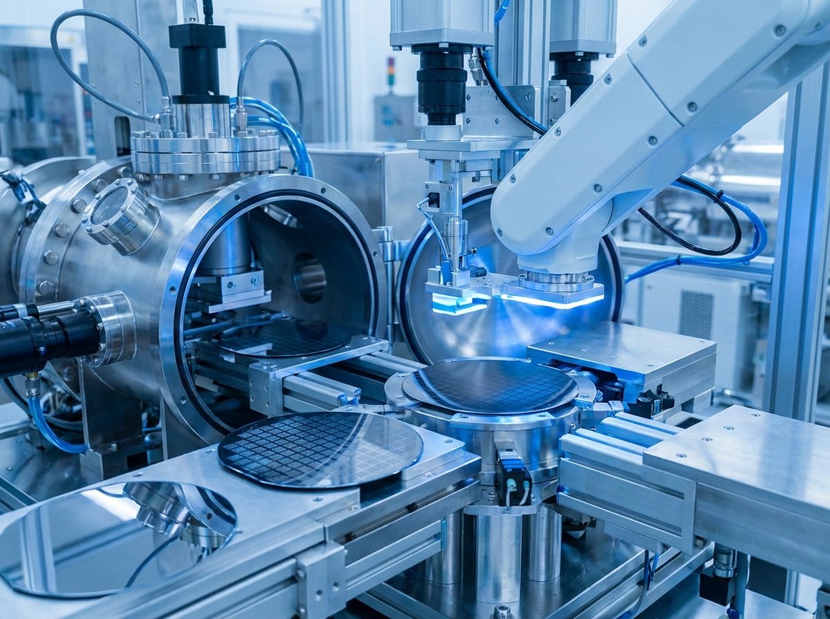 Close-up shot of a sophisticated semiconductor manufacturing environment with robotic arms and silicon wafers. The lighting is cool blue and futuristic, showing high-tech industrial precision. No text, clean composition, 4:3 aspect ratio.