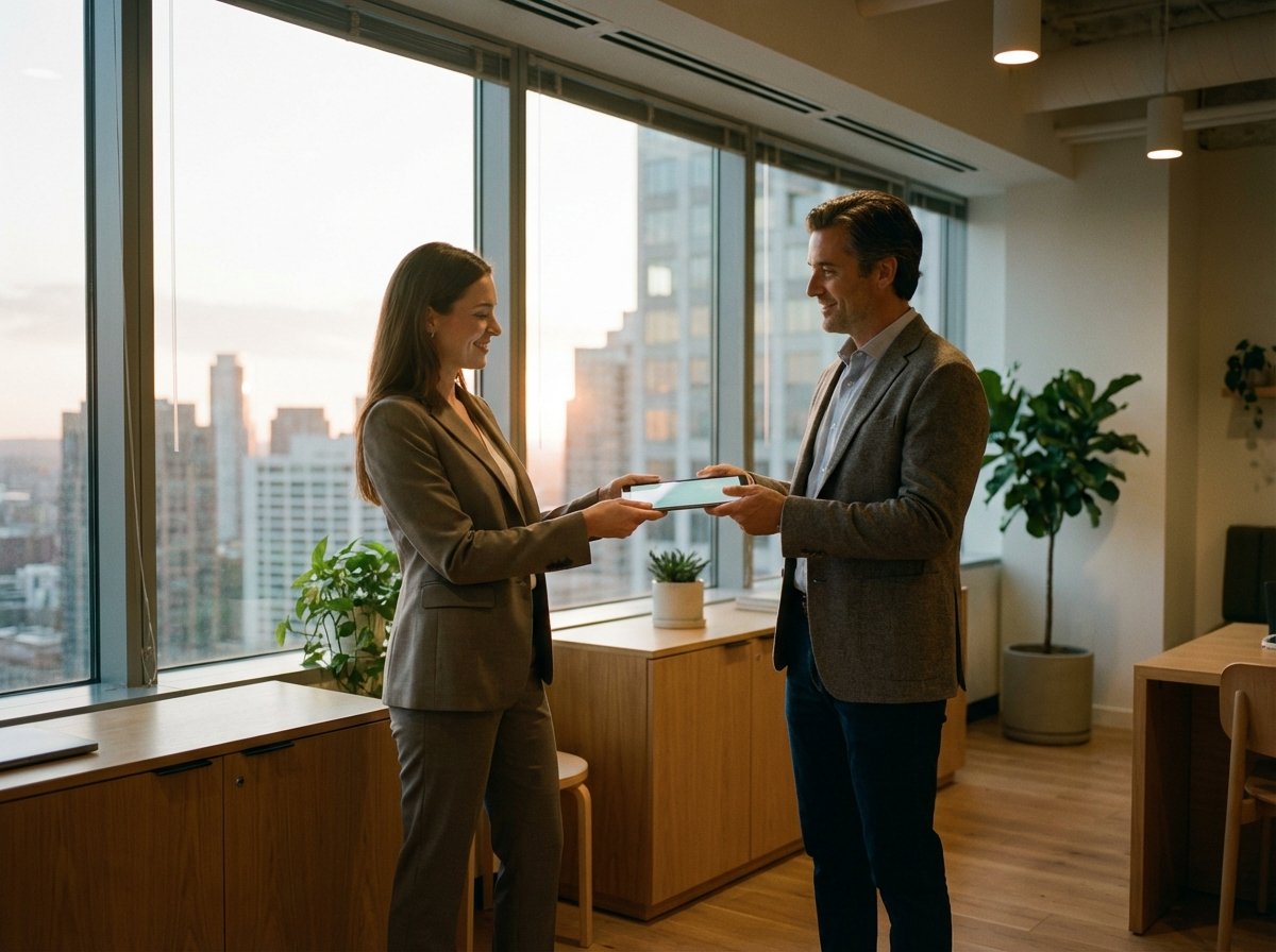 A professional business setting showing a calm handover between two executives in a modern office with city views. One person is handing over a digital tablet to another, representing a smooth transition. Warm natural lighting, professional atmosphere. No text, 4:3 aspect ratio.