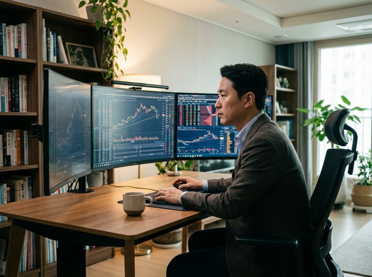 A Korean male investor in his 30s sitting in front of multiple computer monitors showing financial charts and data. He looks focused and professional, with a cup of coffee nearby. The setting is a cozy but modern home office. No text, realistic photography, 4:3 aspect ratio.