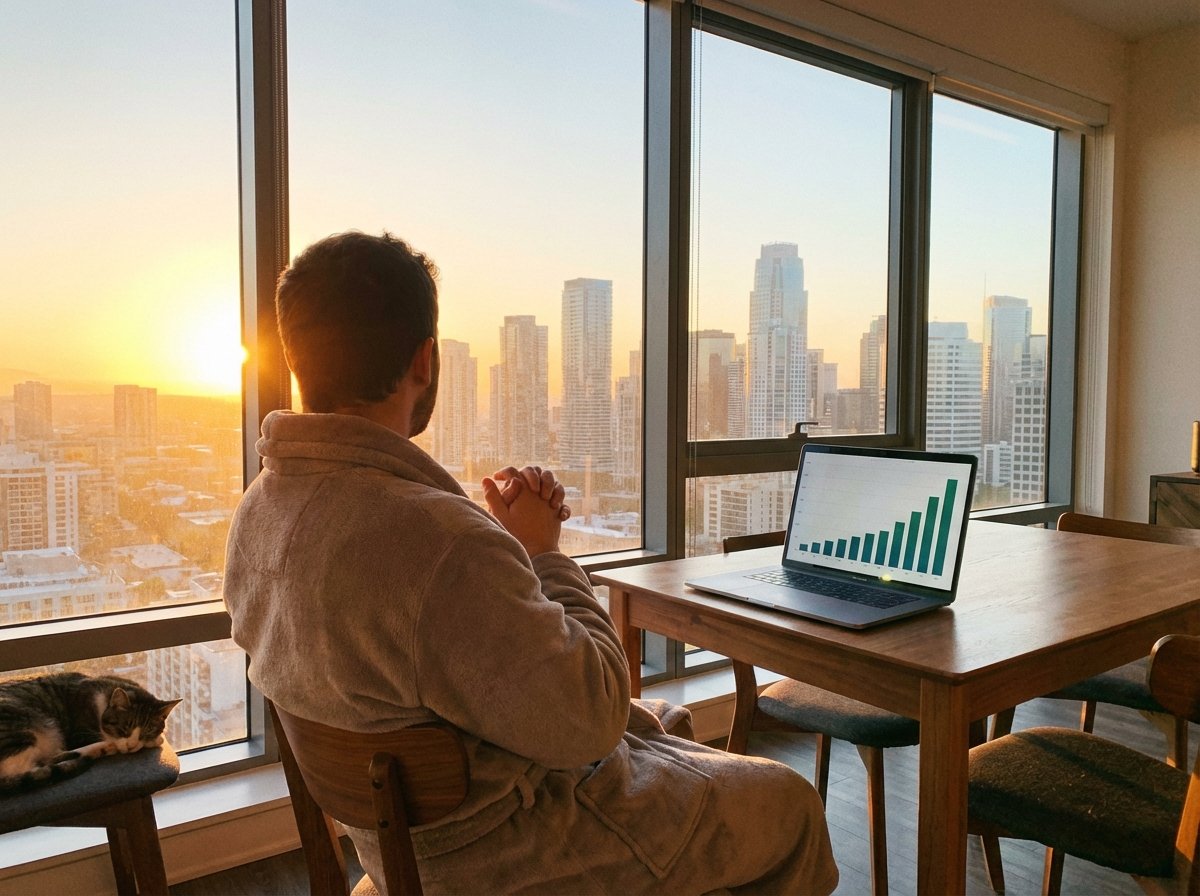 A peaceful image of a person looking out of a large window at a sunrise over a modern city skyline. A laptop is open on a table showing a steady upward growth chart. Symbolizing long-term vision and confidence. No text, warm and hopeful lighting, 4:3 aspect ratio.