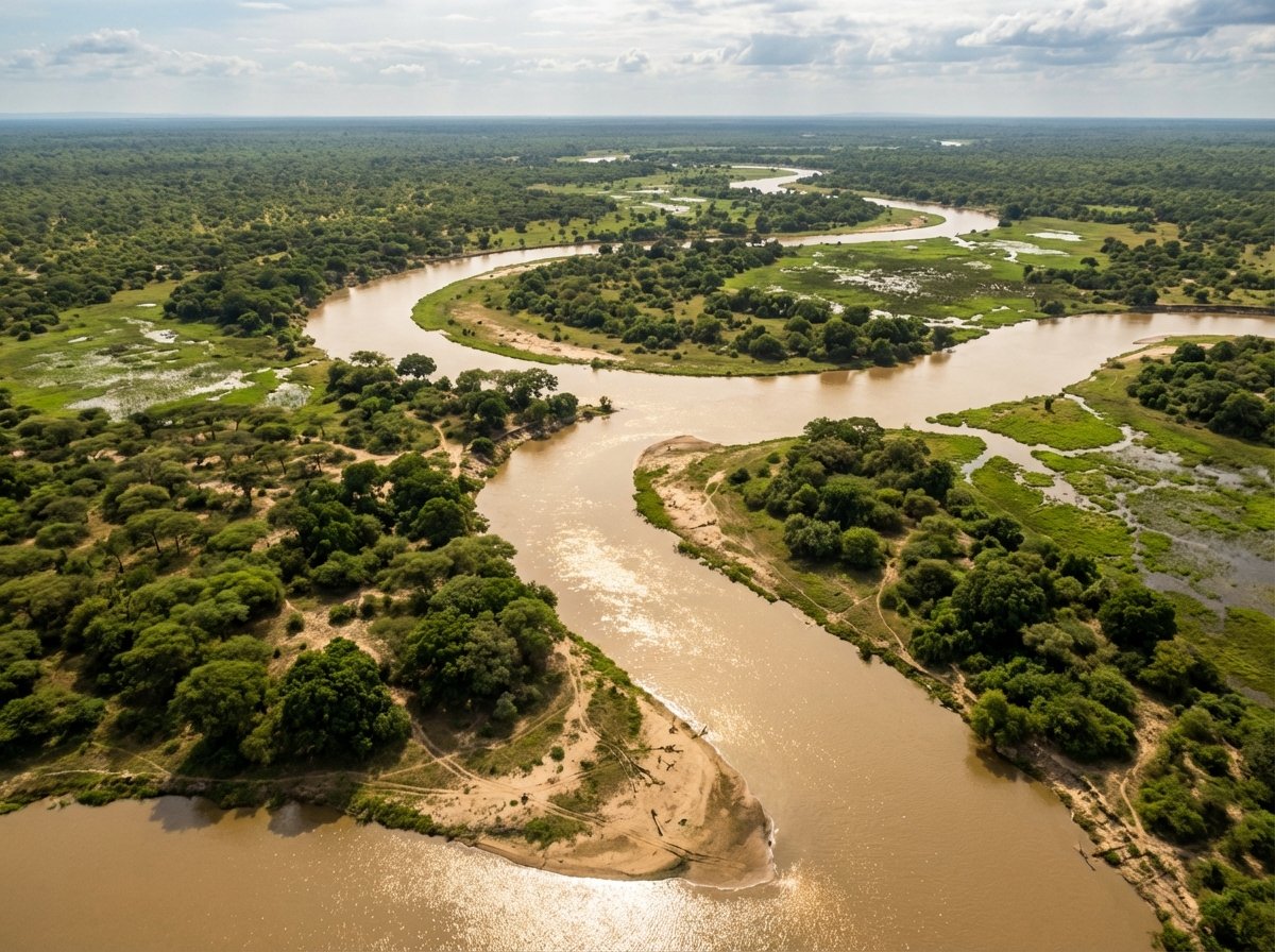 Aerial view of the Rufiji River winding through the dense vegetation of Selous Game Reserve, sunlight reflecting on the water, realistic, aspect ratio 4:3, no text