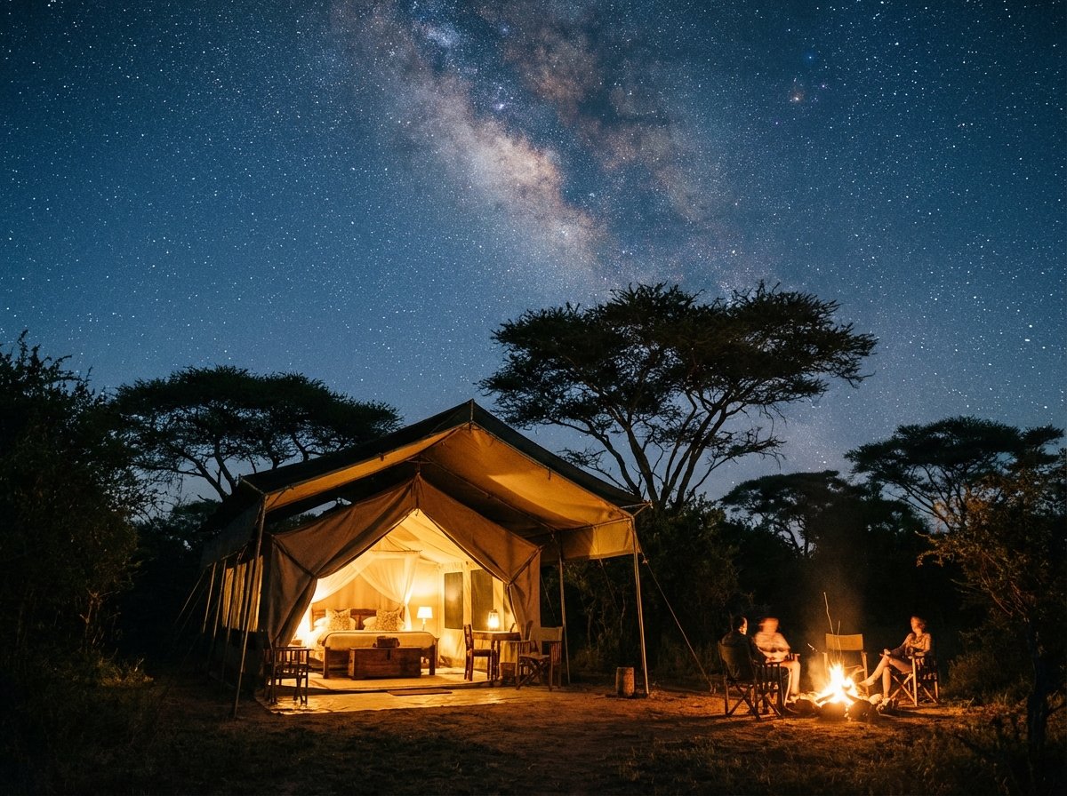 Safari tent camp under a clear starry night sky in the Selous wilderness, warm interior glow, silhouette of trees, lifestyle photography, aspect ratio 4:3, no text