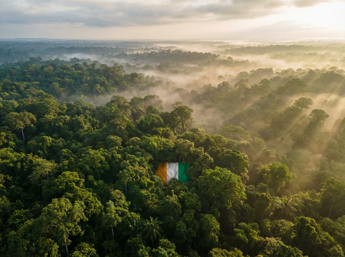 A breathtaking wide shot of the Taï National Park canopy in Côte d'Ivoire, endless lush green tropical rainforest stretching to the horizon under a soft morning mist, cinematic lighting, aerial view, 4:3 aspect ratio, high resolution, no text.