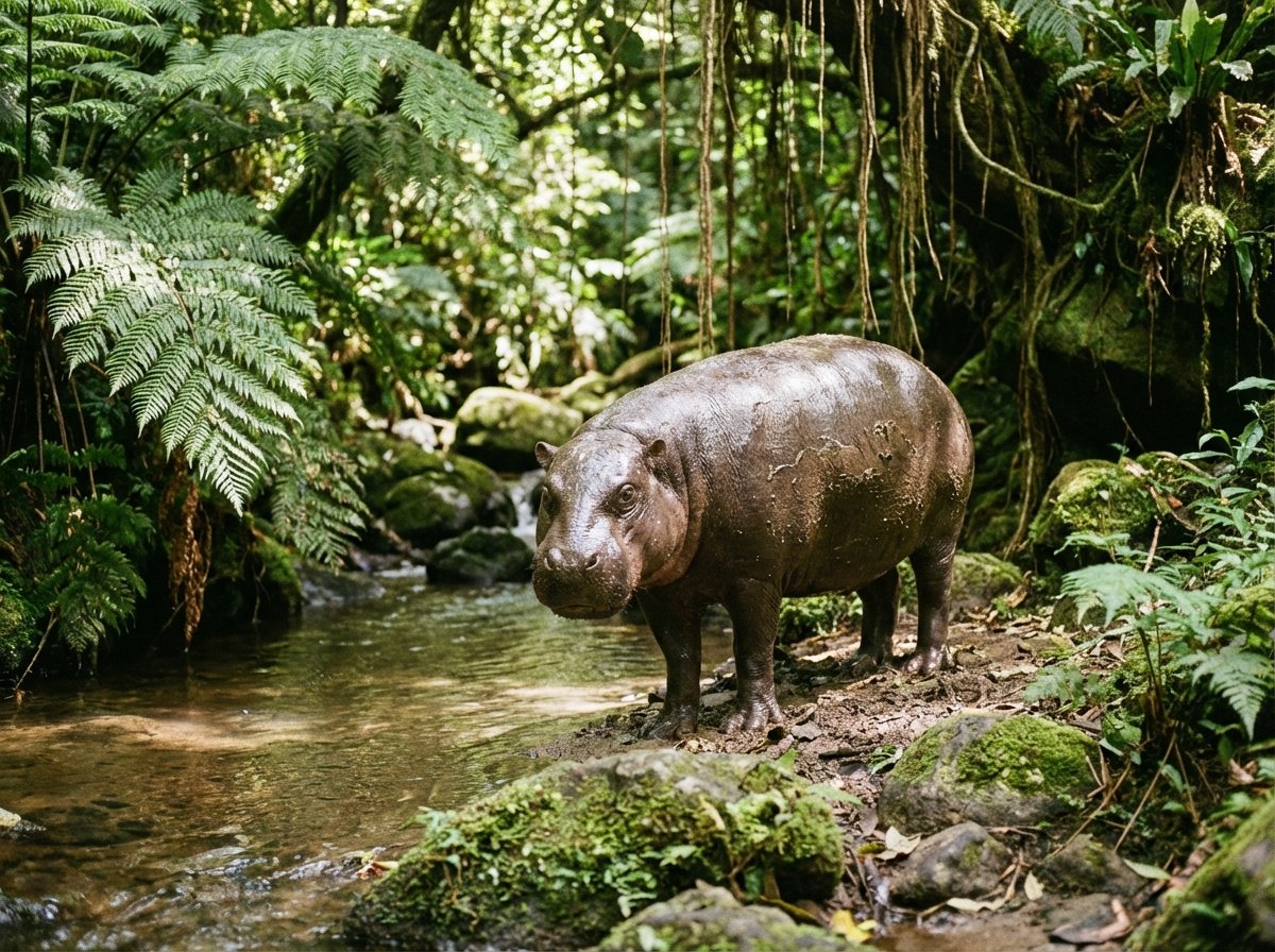A rare pygmy hippopotamus standing near a shallow jungle stream, surrounded by dense ferns and mossy rocks, soft natural lighting, realistic nature documentary style, 4:3 aspect ratio, no text.
