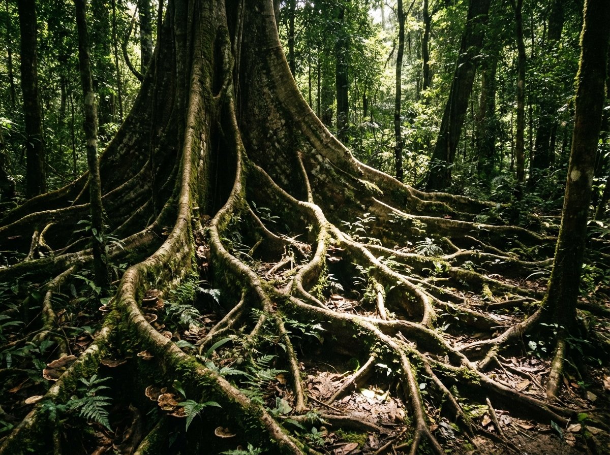Large buttress roots of a massive tropical tree in a primary forest, intricate root patterns spreading across the forest floor, scattered sunlight through the canopy, high contrast, 4:3 aspect ratio, no text.