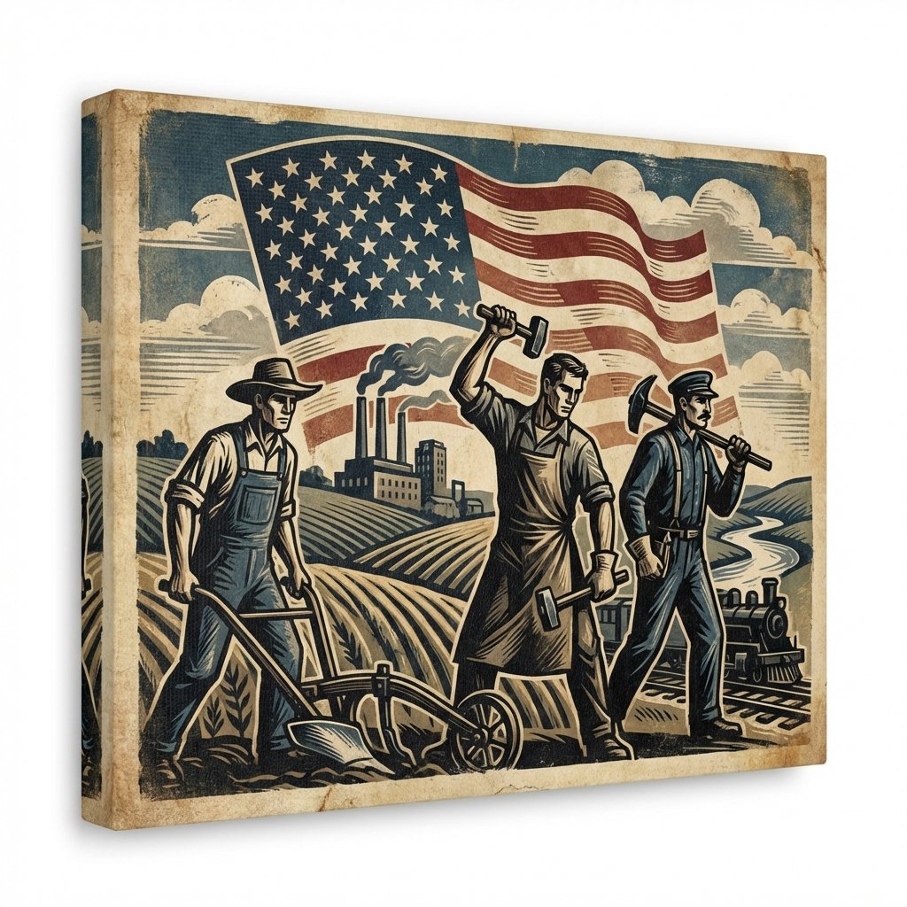A classic American landscape with a vintage labor art style featuring the American flag in the background, stylized historical figures working, high contrast, artistic rendering, textured background, no visible text, 1:1 aspect ratio