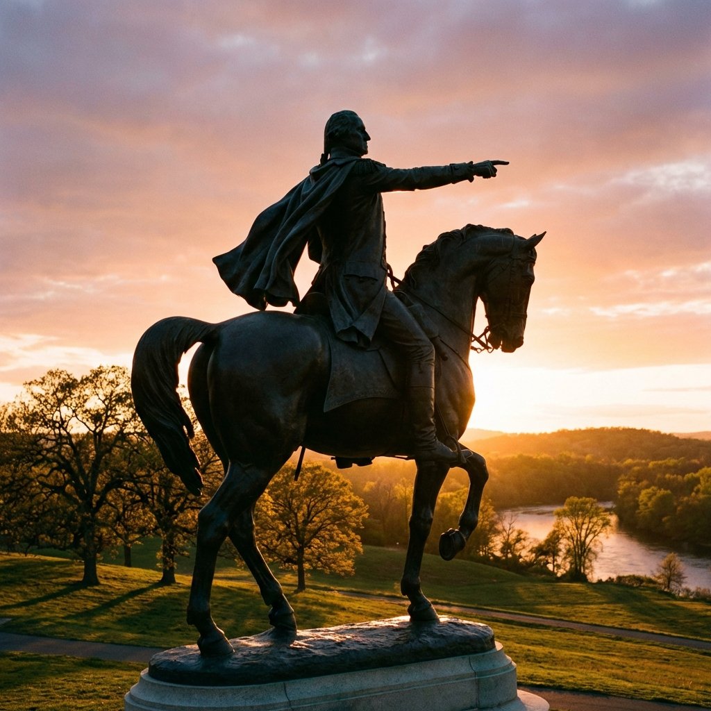 A majestic statue of George Washington in a historical park setting, sunset lighting, golden hour, heroic composition, high contrast, clean layout, no visible text, 1:1 aspect ratio