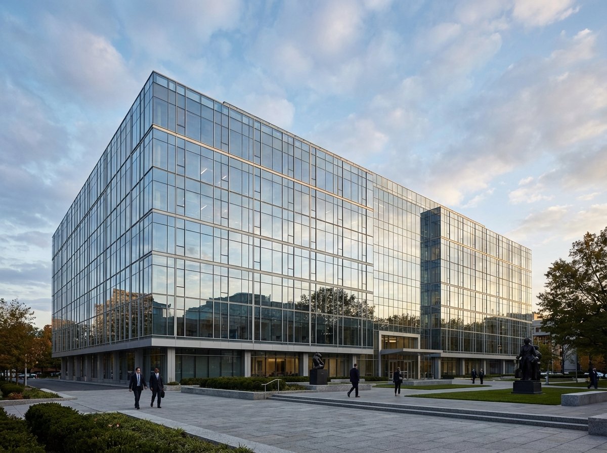 A professional and modern architectural view of a high-tech corporate office building with subtle glass reflections, representing a major technology company's headquarters. The atmosphere is serious and legalistic with a clean blue and white sky. Wide angle shot, cinematic lighting, 4:3 aspect ratio, no text.