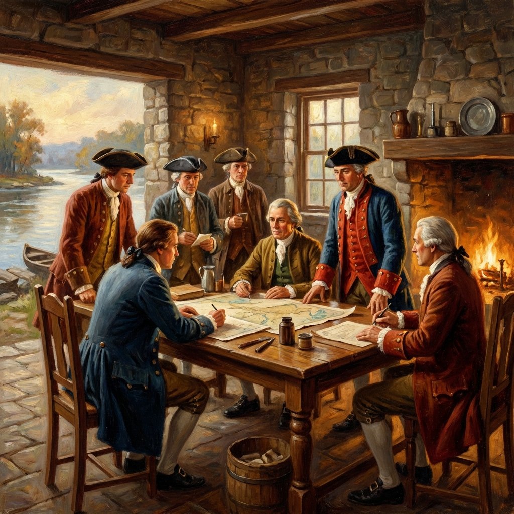 A classical painting style illustration depicting early American historical scenes, rich colors, oil painting texture, focused composition, no visible text, 1:1 aspect ratio