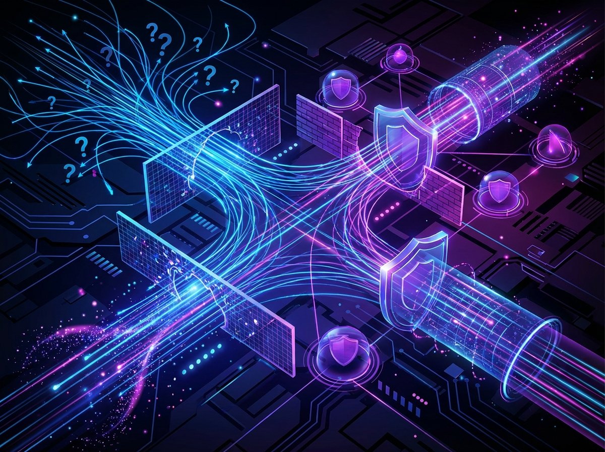 A conceptual illustration of digital data streams flowing through a secure network. Representing search data and privacy with abstract glowing lines and nodes. Modern technology aesthetic, high contrast, vibrant blue and purple tones, 4:3 aspect ratio, no text.