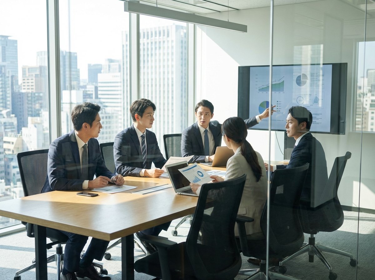 A professional scene of tech executives in a focused meeting in a bright, modern glass-walled conference room. Natural lighting, Korean-looking individuals included, representing decision making and legal strategy. Realistic photography, 4:3 aspect ratio, no text.