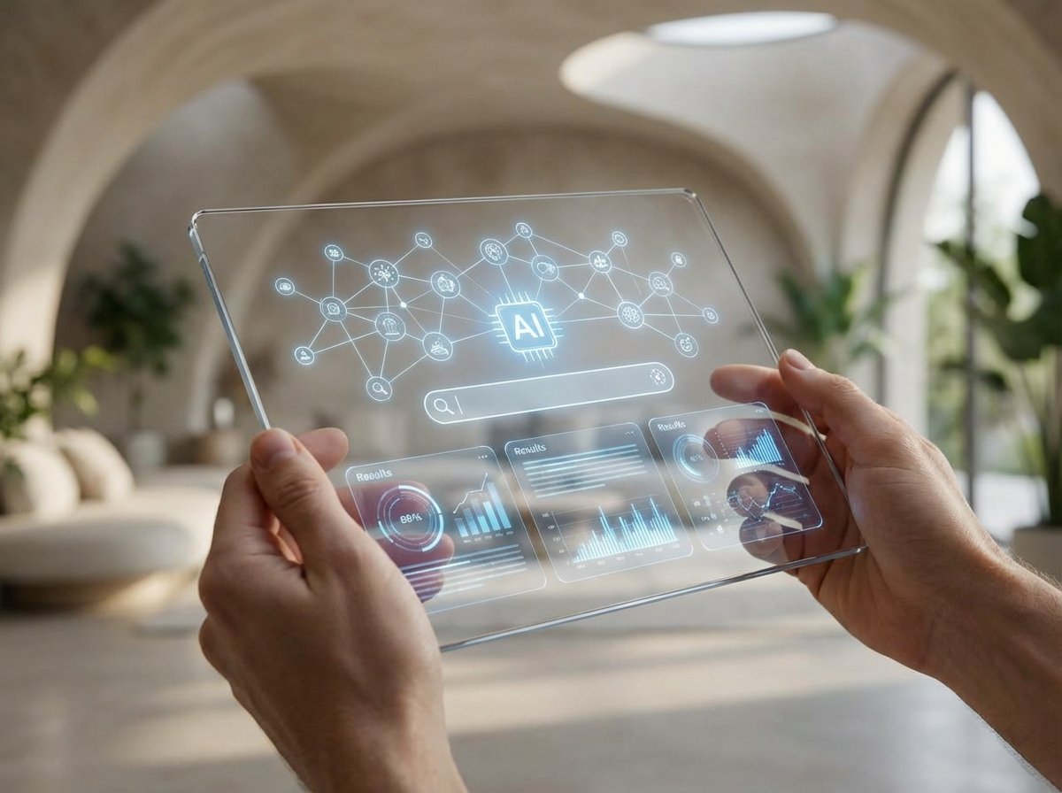 A futuristic and clean user interface of an AI-powered search engine displayed on a sleek tablet device held by a person. The background is a soft-focus modern home environment. Informational and innovative mood, 4:3 aspect ratio, no text.