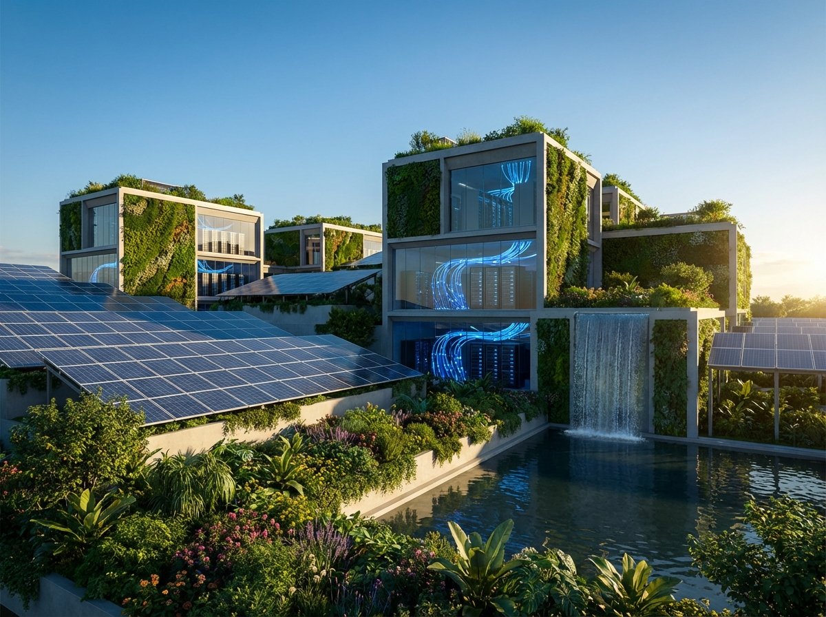 A futuristic high-tech data center integrated with lush green nature and solar panels, soft cinematic lighting, modern architecture, clean sky, high contrast, aspect ratio 4:3, no text