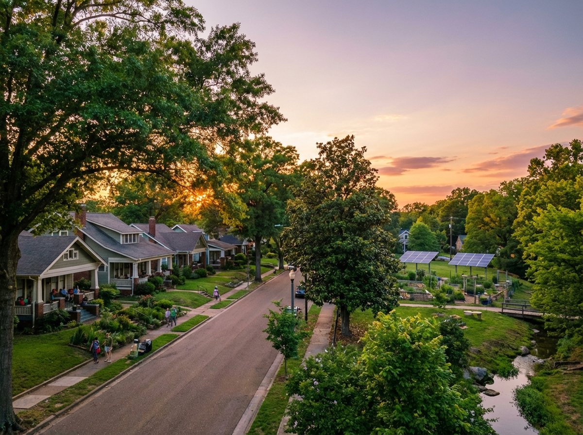 A peaceful neighborhood in Memphis with green trees and a clear sunset sky, representing environmental health and community wellbeing, soft warm lighting, realistic style, aspect ratio 4:3, no text