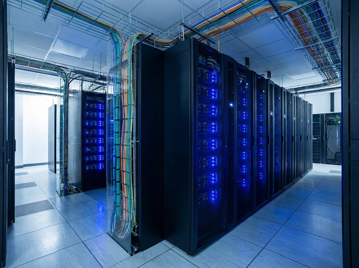 Inside a high-end data center with rows of server racks, glowing blue LED lights, complex fiber optic cables, professional technology photography, wide angle, aspect ratio 4:3, no text