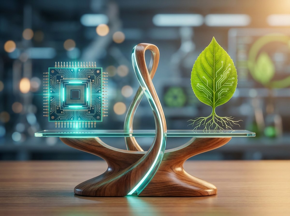A symbolic artistic rendering of a modern digital scale balancing a microchip and a green leaf, blurred high-tech laboratory background, cinematic lighting, concept of sustainable technology, aspect ratio 4:3, no text