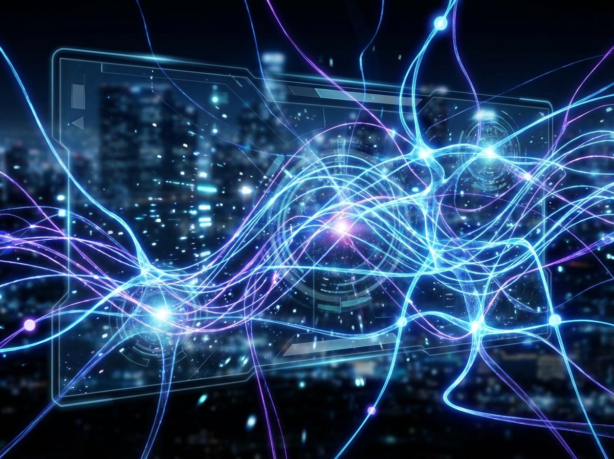 Digital art showing glowing AI neural networks and data streams flowing through a futuristic interface, high contrast, vibrant blue and purple tones, modern tech vibe, 4:3 aspect ratio, no visible text
